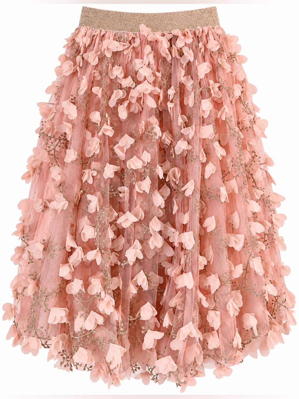 EleStory Pink 3D Flower Tulle Midi Skirt Gold Glitter Waistband Size M